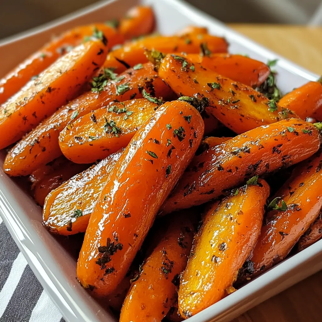 Carottes confites au four, légèrement caramélisées avec du miel et des herbes, servies en accompagnement d’un repas savoureux.