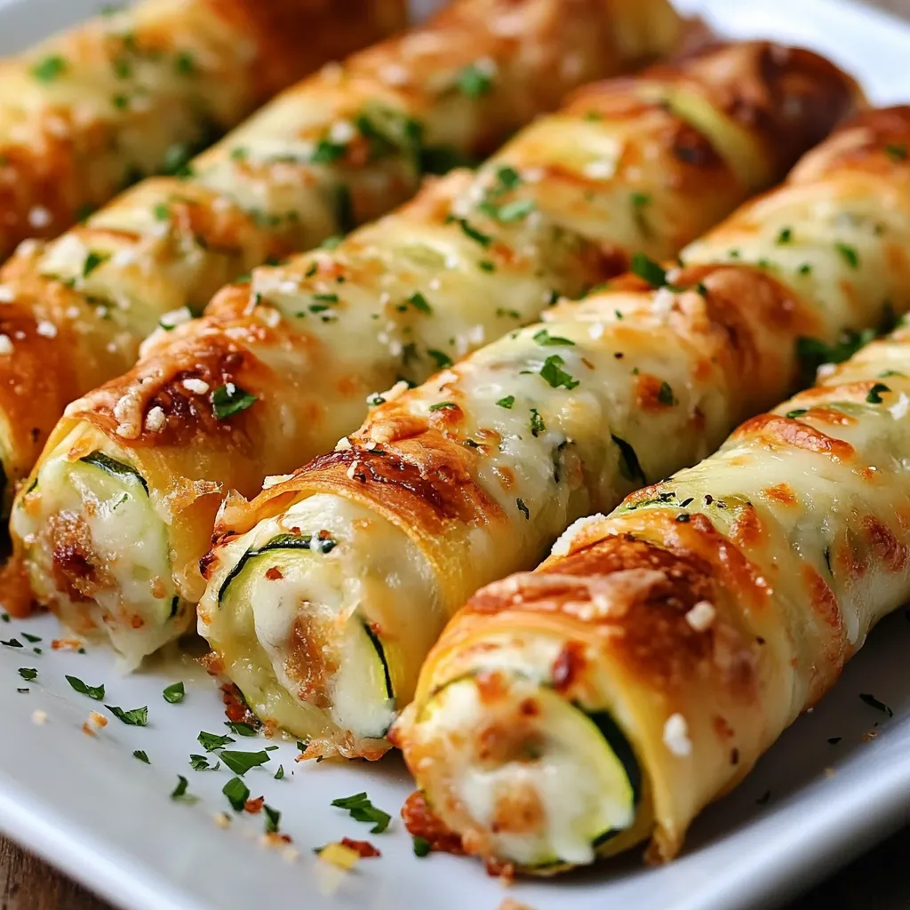 Cigares croquants aux courgettes et fromage fondant dorés à la sortie du four, servis sur une assiette avec une sauce au yaourt.
