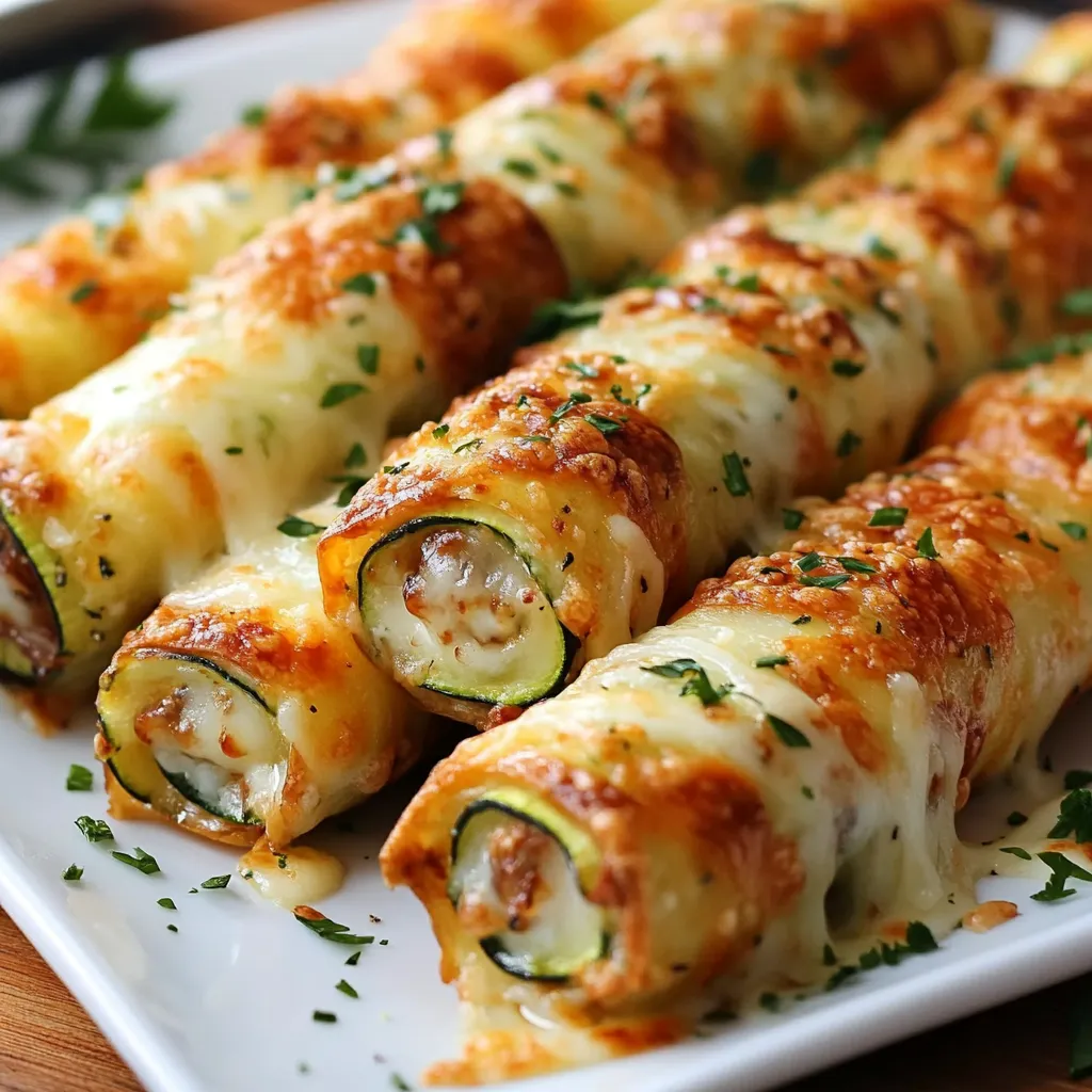 Cigares croquants aux courgettes et fromage fondant dorés à la sortie du four, servis sur une assiette avec une sauce au yaourt.