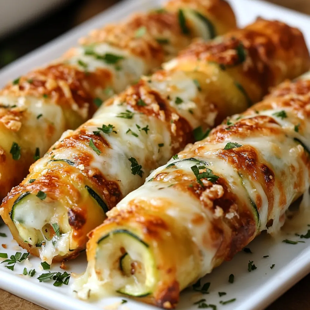 Cigares croquants aux courgettes et fromage fondant dorés à la sortie du four, servis sur une assiette avec une sauce au yaourt.