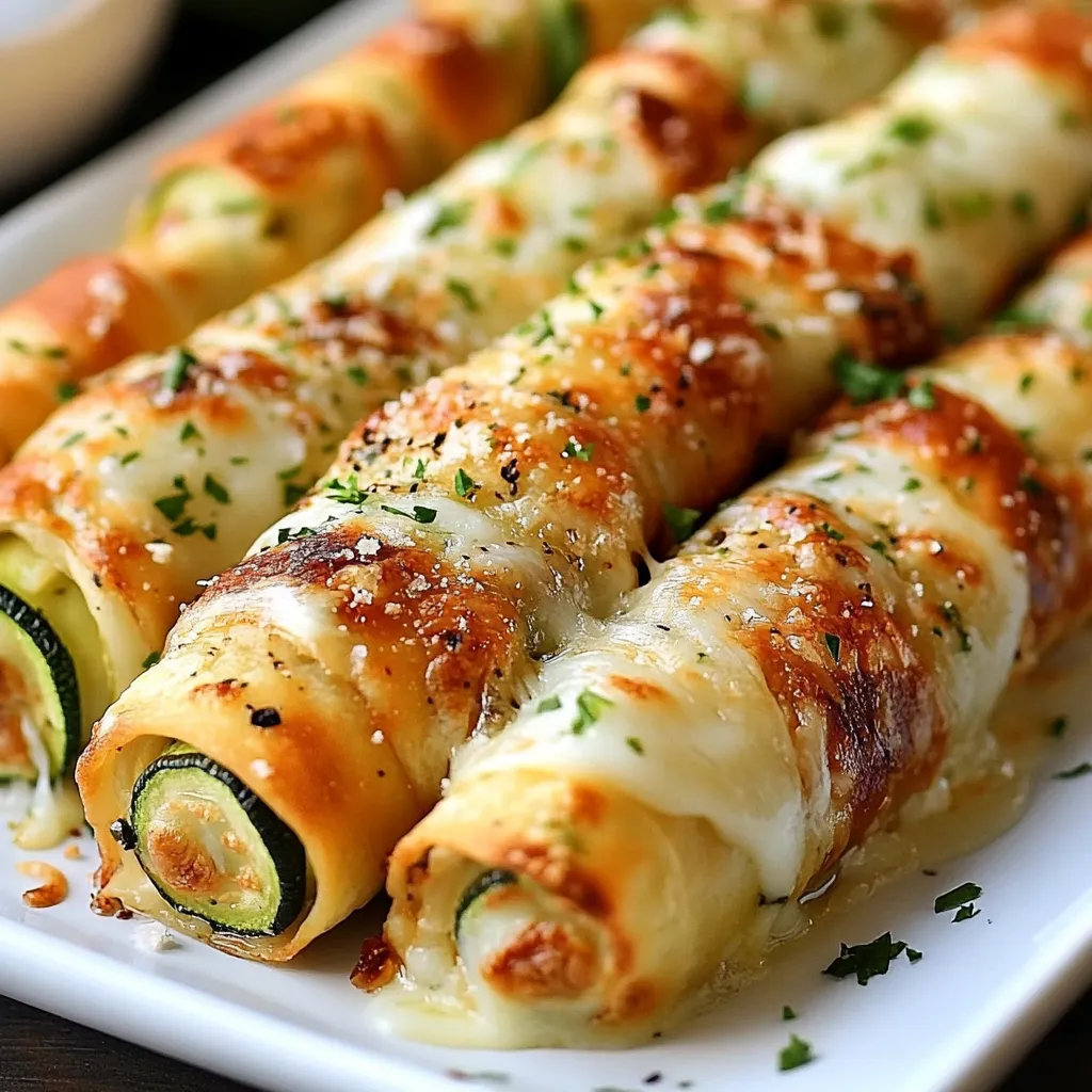 Cigares croquants aux courgettes et fromage fondant dorés à la sortie du four, servis sur une assiette avec une sauce au yaourt.