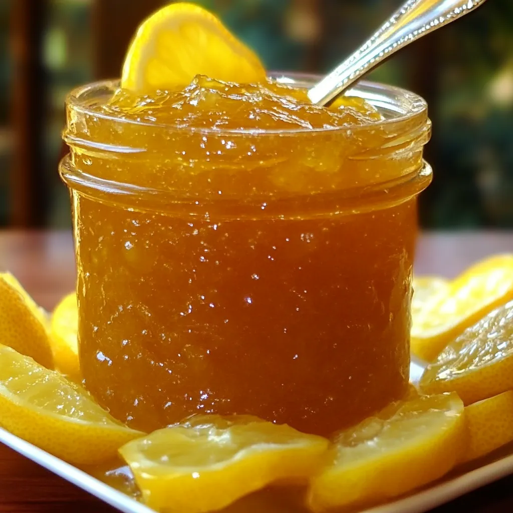Pot de confiture de citron maison avec une texture brillante et des morceaux de citron confits.