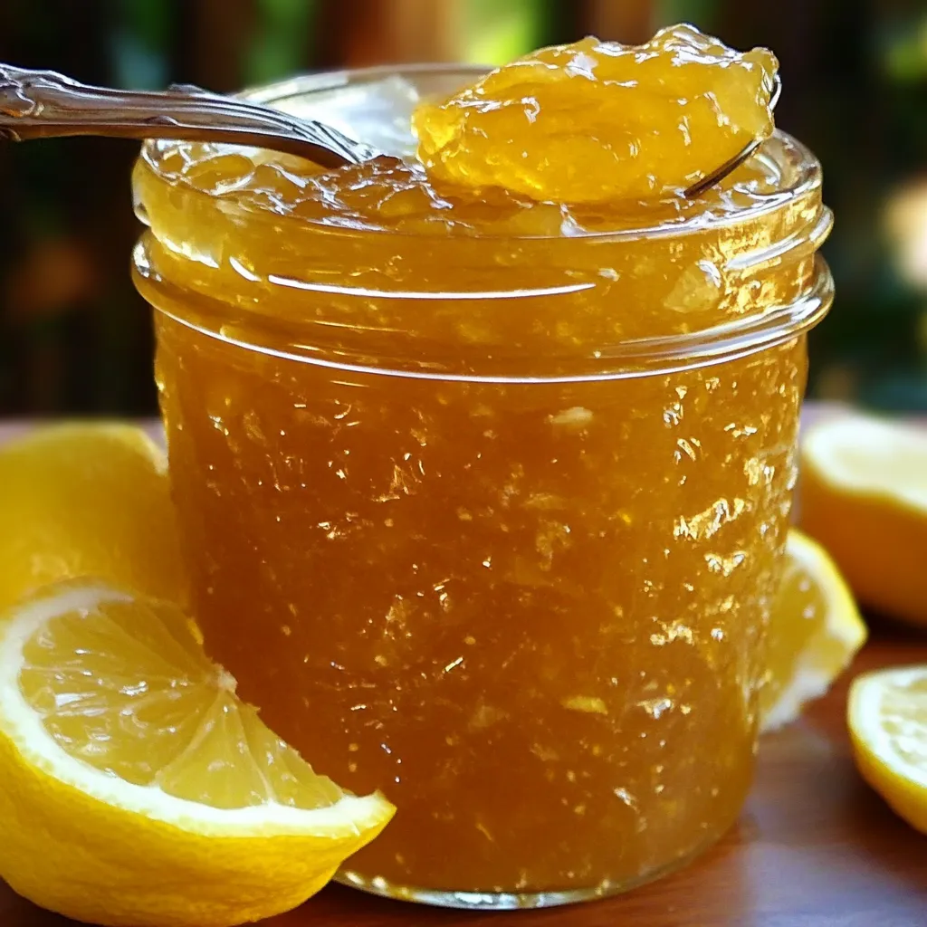 Pot de confiture de citron maison avec une texture brillante et des morceaux de citron confits.