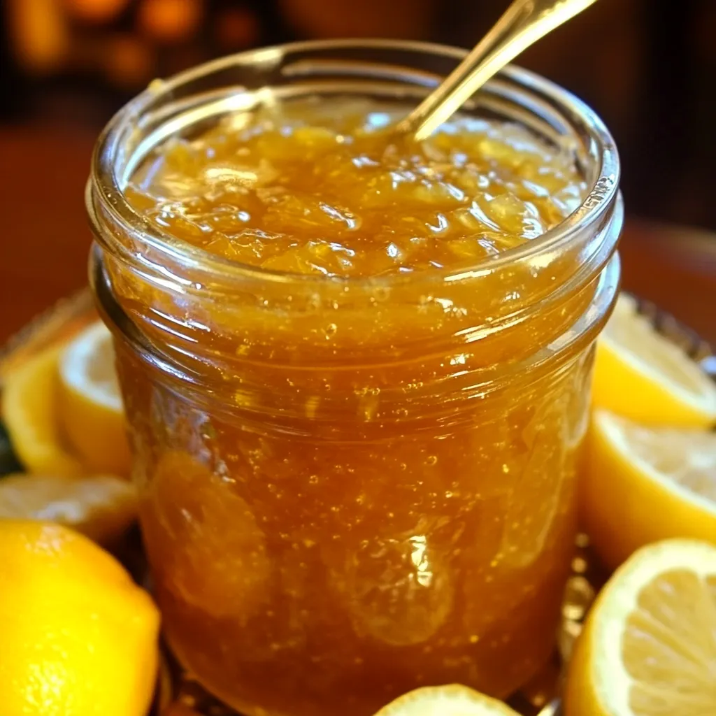 Pot de confiture de citron maison avec une texture brillante et des morceaux de citron confits.