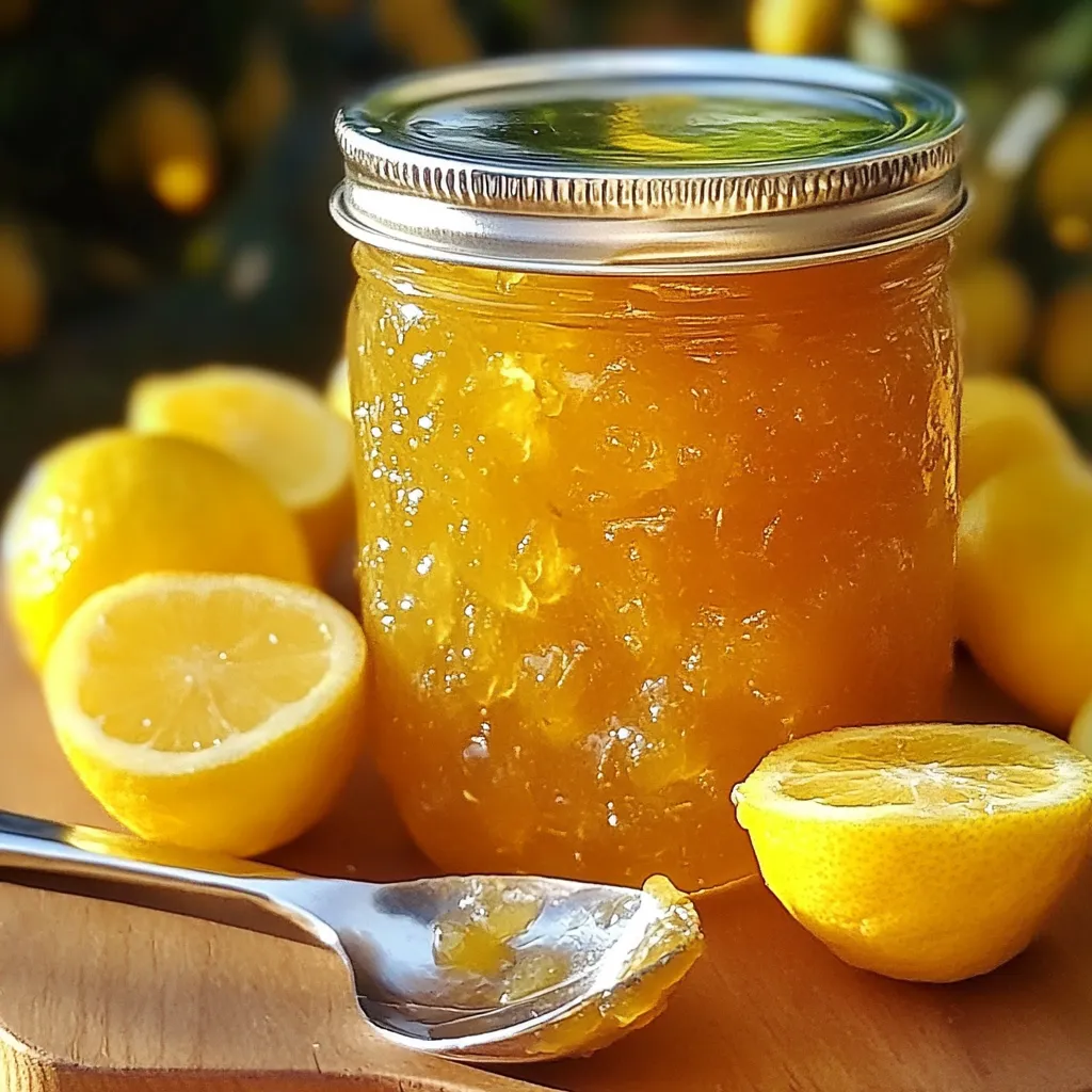 Pot de confiture de citron maison avec une texture brillante et des morceaux de citron confits.