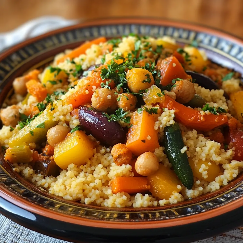 Plat traditionnel de couscous marocain aux 7 légumes, garni de viande et servi avec des quartiers de citron.