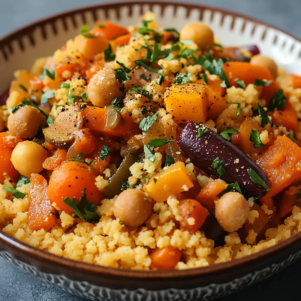 Plat traditionnel de couscous marocain aux 7 légumes, garni de viande et servi avec des quartiers de citron.