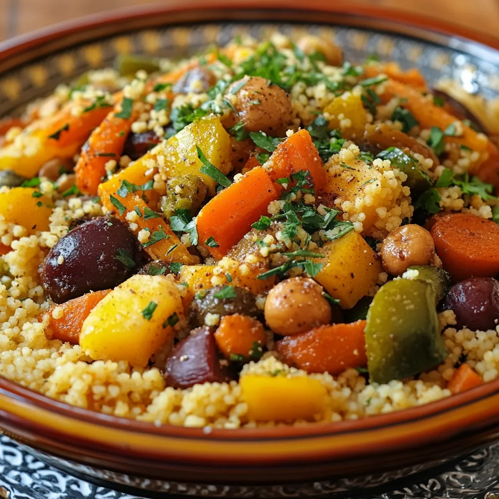 Plat traditionnel de couscous marocain aux 7 légumes, garni de viande et servi avec des quartiers de citron.