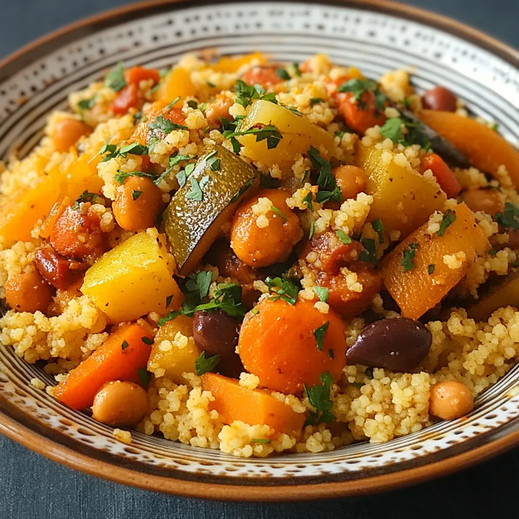 Plat traditionnel de couscous marocain aux 7 légumes, garni de viande et servi avec des quartiers de citron.
