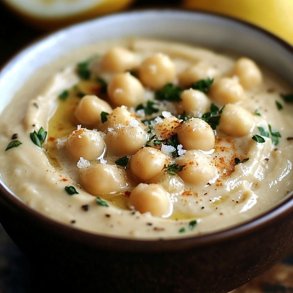 Crème de pois chiches au citron et parmesan servie dans un bol, accompagnée de pain grillé et de crudités.