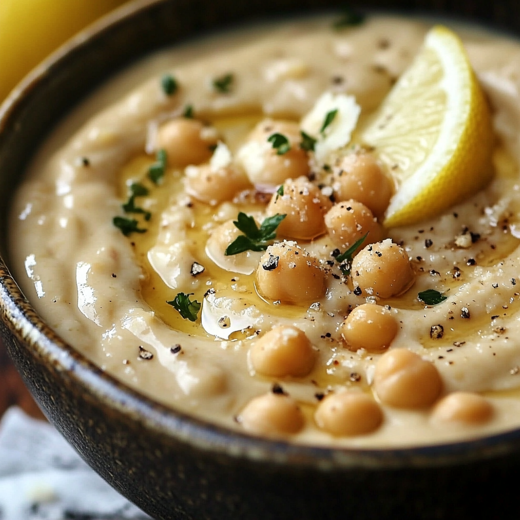 Crème de pois chiches au citron et parmesan servie dans un bol, accompagnée de pain grillé et de crudités.