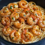 Assiette de spaghettis crémeux aux crevettes sautées à l’ail, garnie de persil frais et de parmesan râpé.
