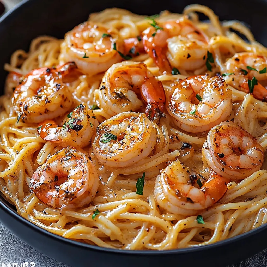 Assiette de spaghettis crémeux aux crevettes sautées à l’ail, garnie de persil frais et de parmesan râpé.