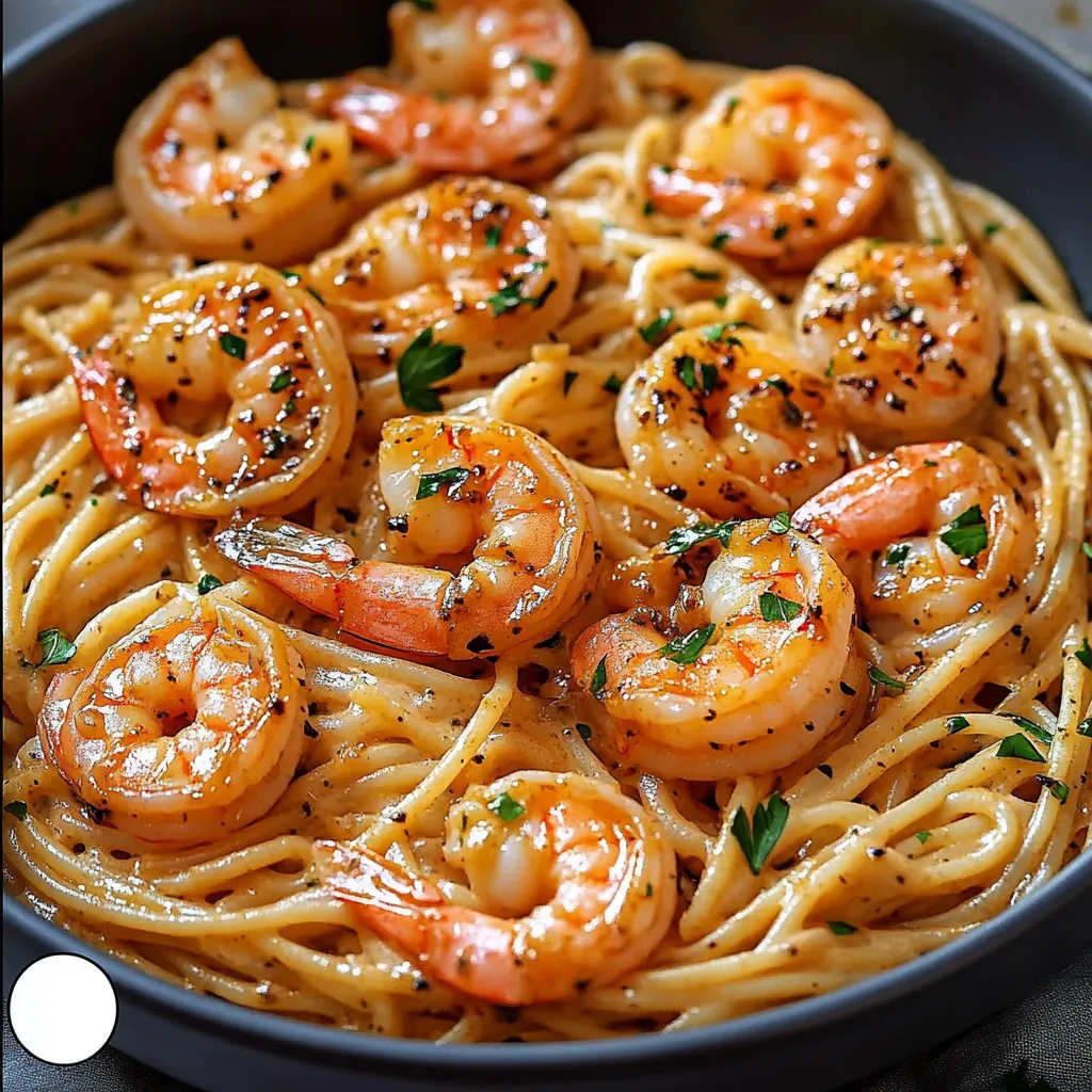 Assiette de spaghettis crémeux aux crevettes sautées à l’ail, garnie de persil frais et de parmesan râpé.
