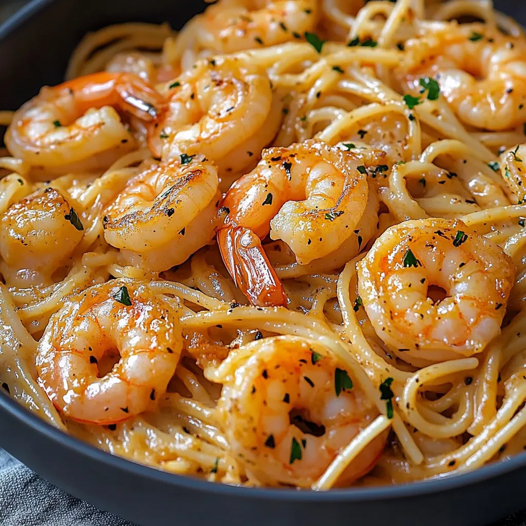 Assiette de spaghettis crémeux aux crevettes sautées à l’ail, garnie de persil frais et de parmesan râpé.