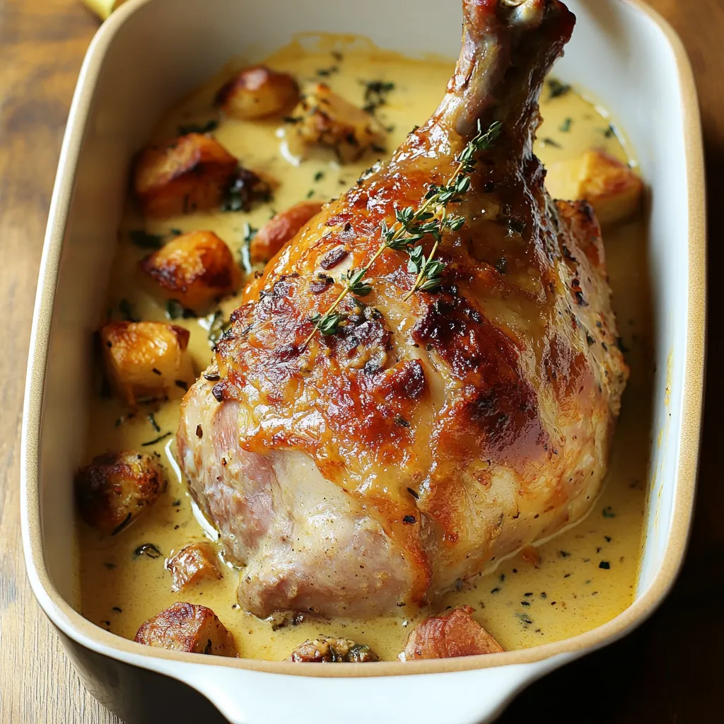 Cuisse de dinde à la Dijonnaise servie avec une sauce crémeuse et accompagnée de pommes de terre rôties.