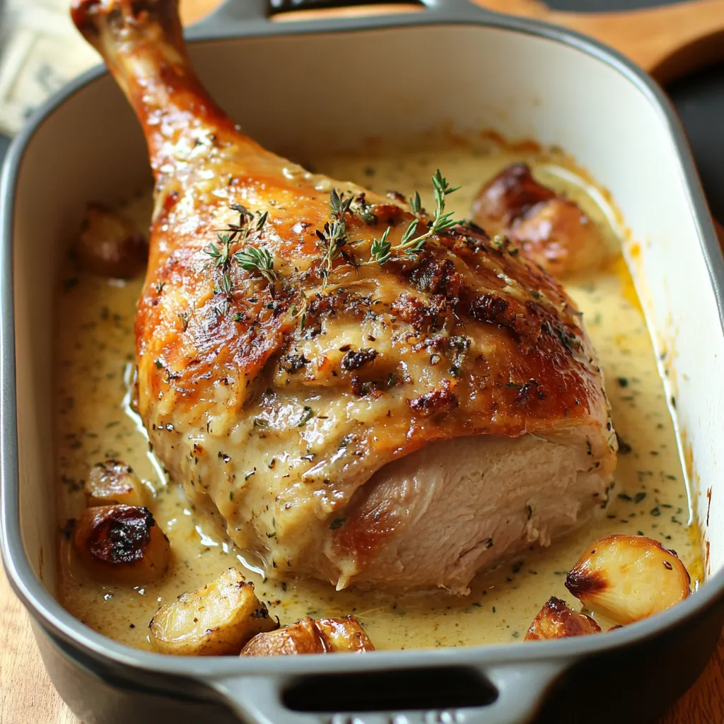 Cuisse de dinde à la Dijonnaise servie avec une sauce crémeuse et accompagnée de pommes de terre rôties.