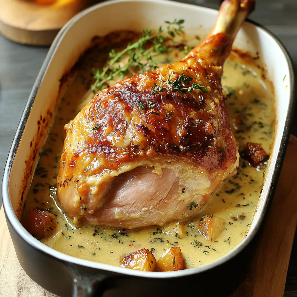 Cuisse de dinde à la Dijonnaise servie avec une sauce crémeuse et accompagnée de pommes de terre rôties.