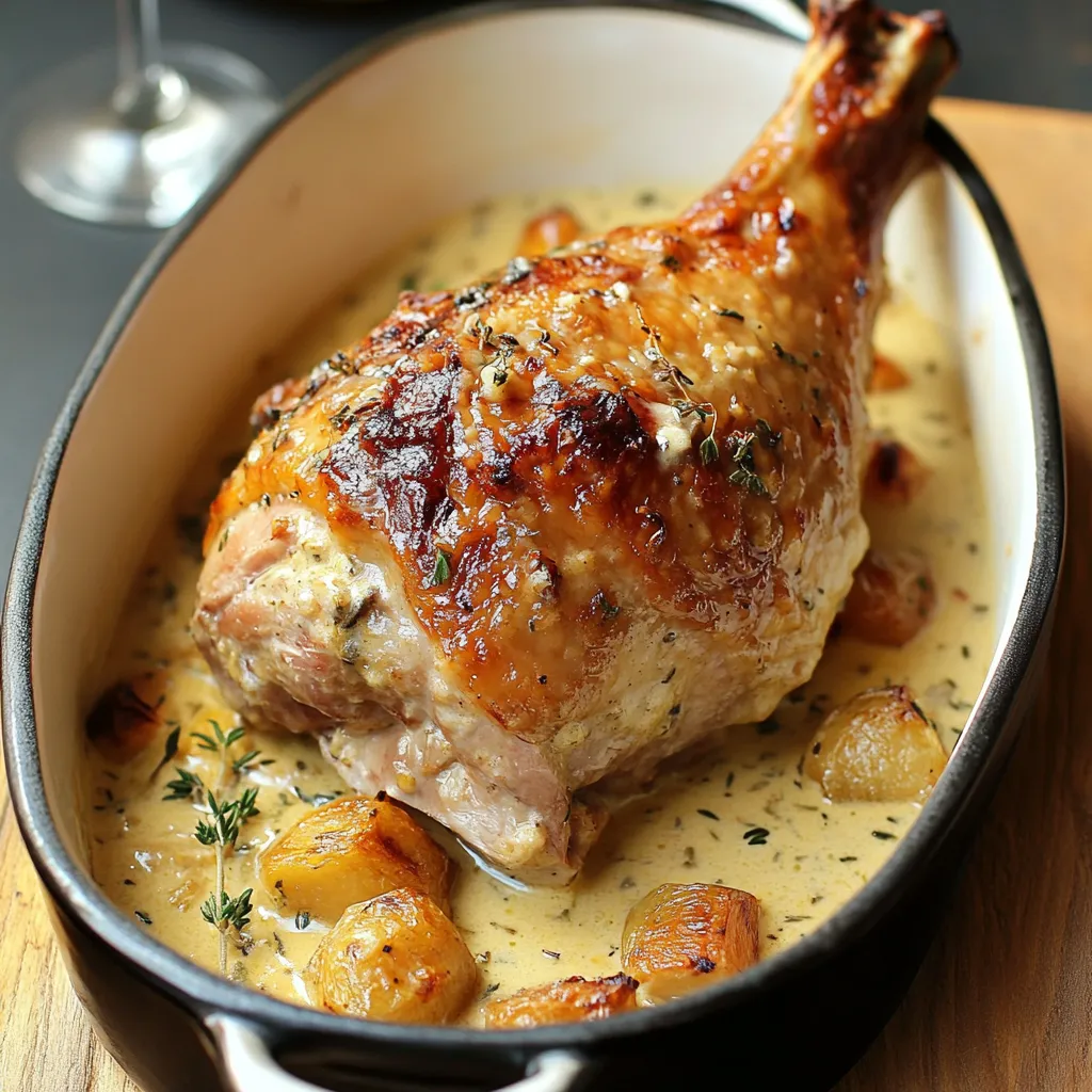 Cuisse de dinde à la Dijonnaise servie avec une sauce crémeuse et accompagnée de pommes de terre rôties.
