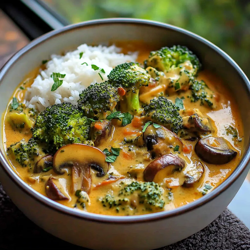 Assiette de curry de brocoli, champignons et aubergines avec riz basmati.