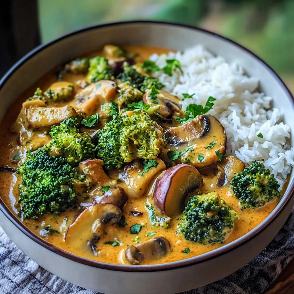 Assiette de curry de brocoli, champignons et aubergines avec riz basmati.