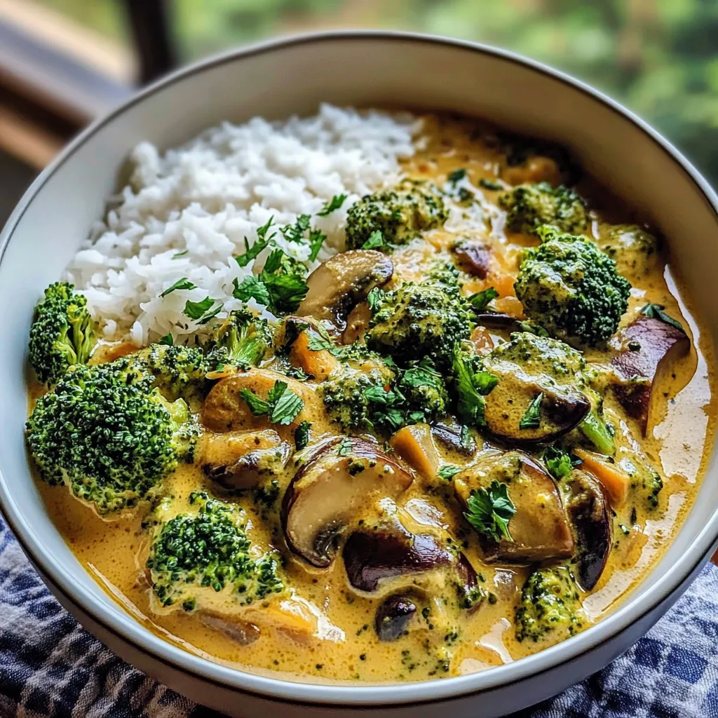 Assiette de curry de brocoli, champignons et aubergines avec riz basmati.