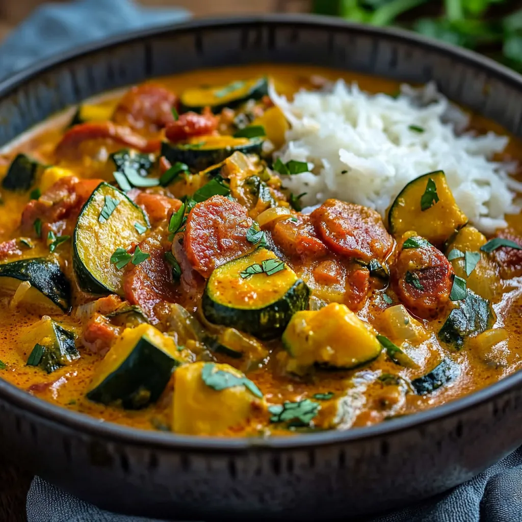 Curry de courgettes au chorizo et lait de coco, servi dans une assiette avec du riz basmati, garni de coriandre fraîche.