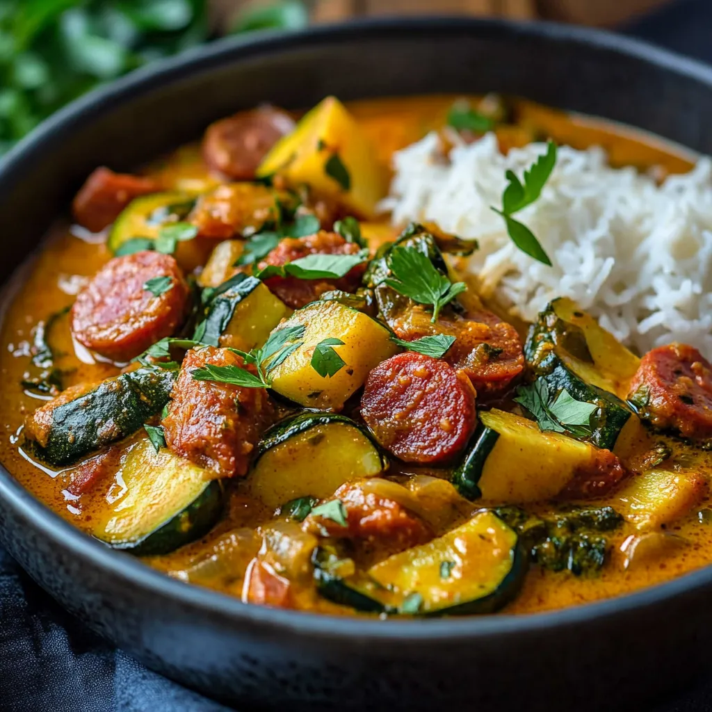 Curry de courgettes au chorizo et lait de coco, servi dans une assiette avec du riz basmati, garni de coriandre fraîche.