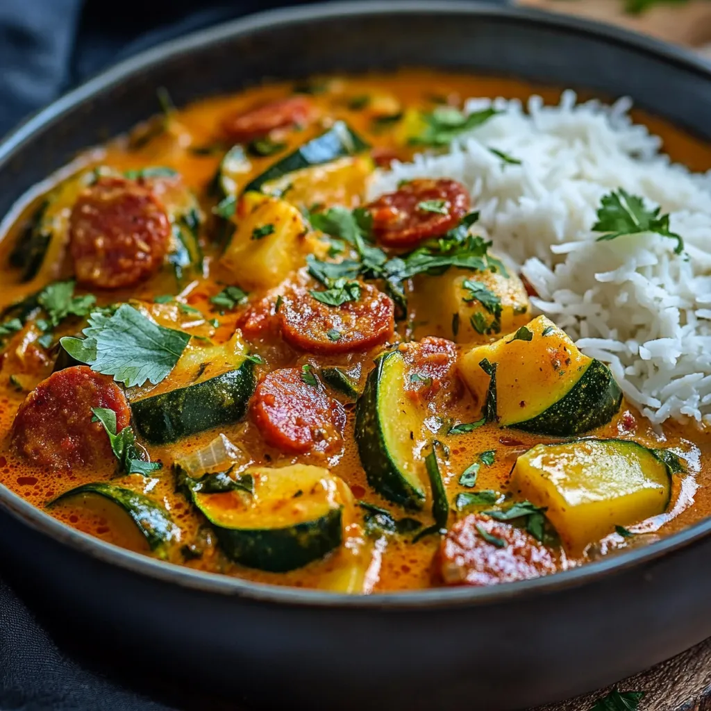 Curry de courgettes au chorizo et lait de coco, servi dans une assiette avec du riz basmati, garni de coriandre fraîche.