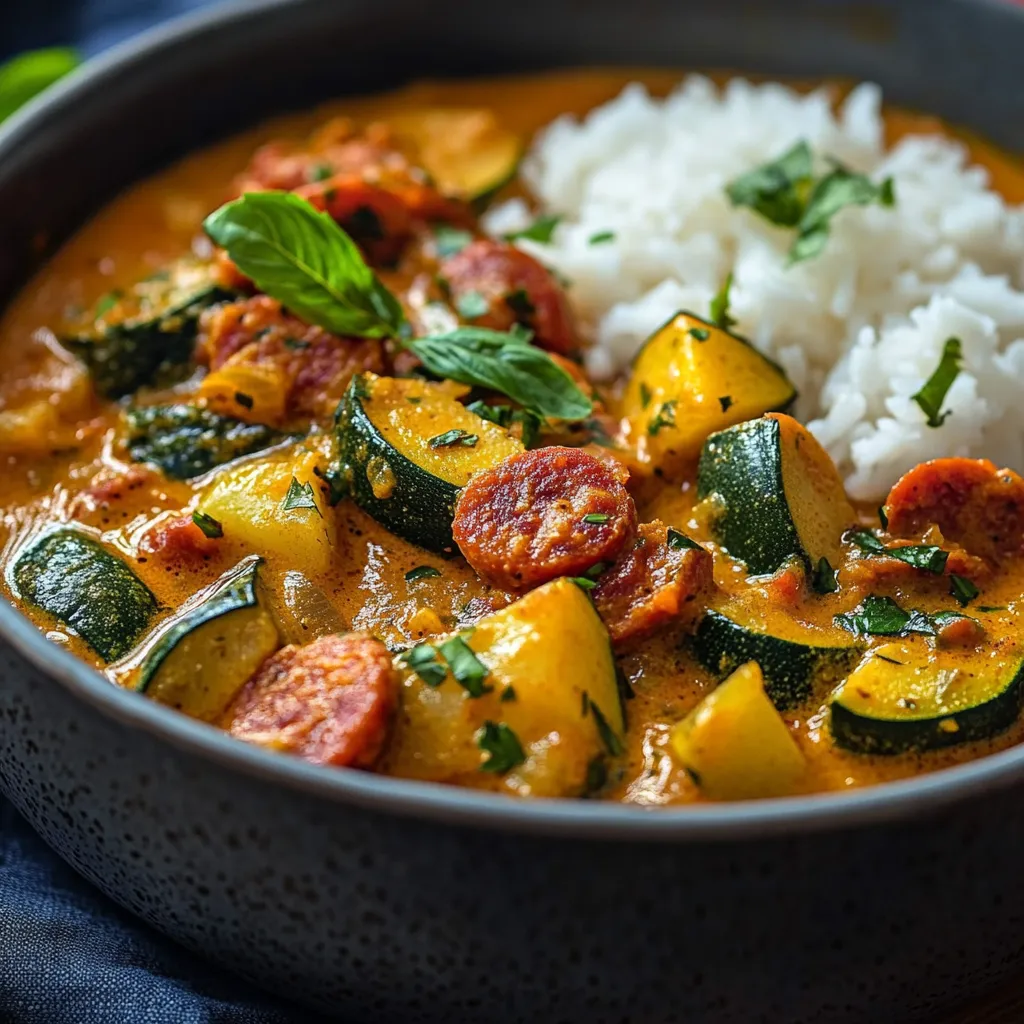 Curry de courgettes au chorizo et lait de coco, servi dans une assiette avec du riz basmati, garni de coriandre fraîche.