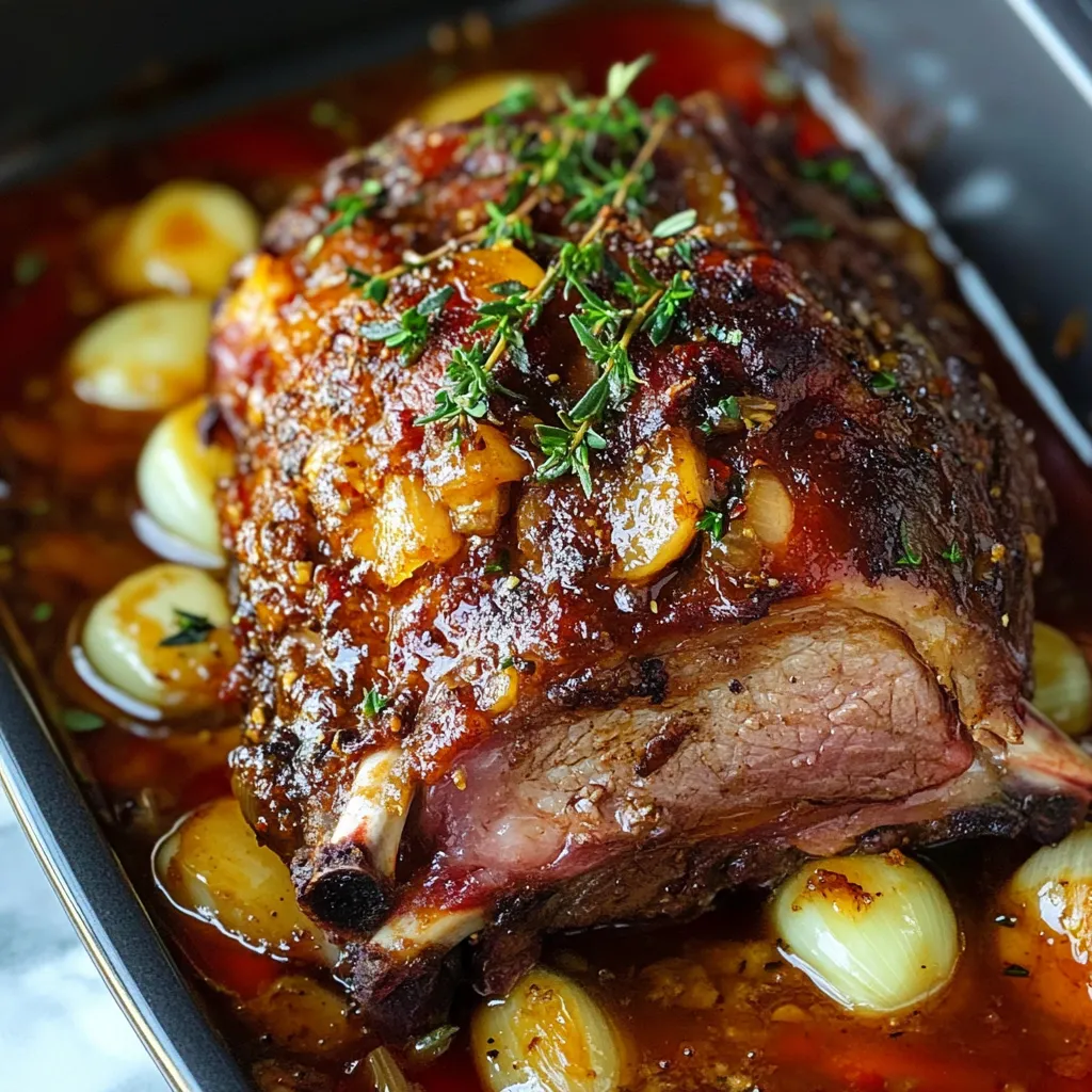 Épaule d’agneau confite au four, servie avec des légumes rôtis et une sauce onctueuse, parfaitement dorée et caramélisée.
