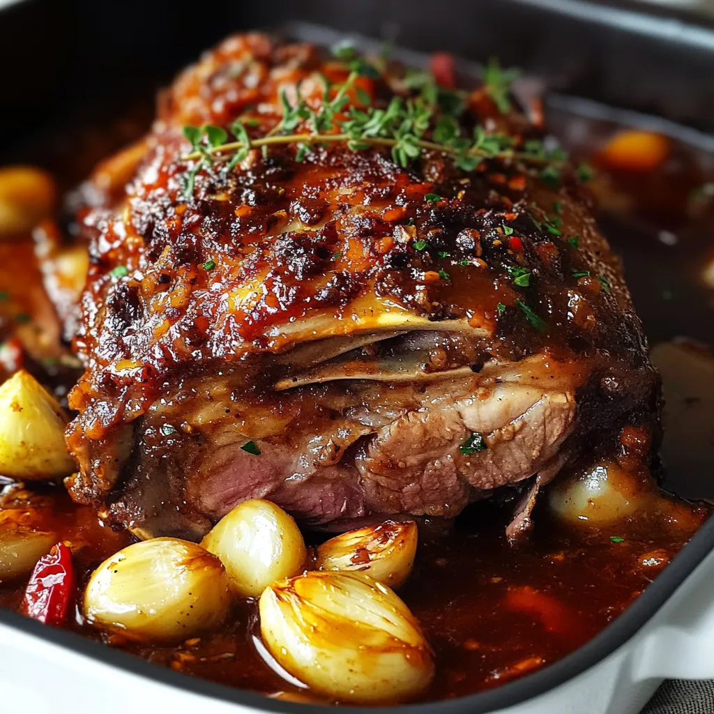 Épaule d’agneau confite au four, servie avec des légumes rôtis et une sauce onctueuse, parfaitement dorée et caramélisée.