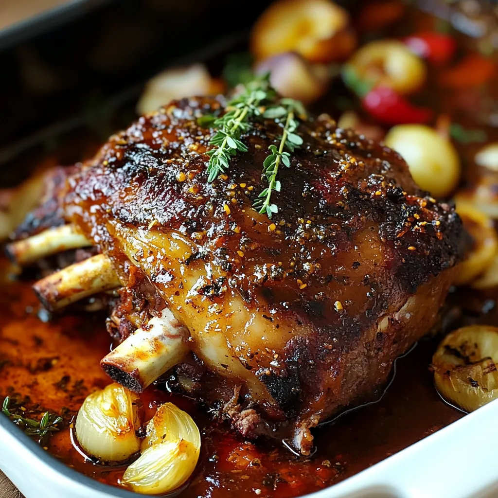 Épaule d’agneau confite au four, servie avec des légumes rôtis et une sauce onctueuse, parfaitement dorée et caramélisée.