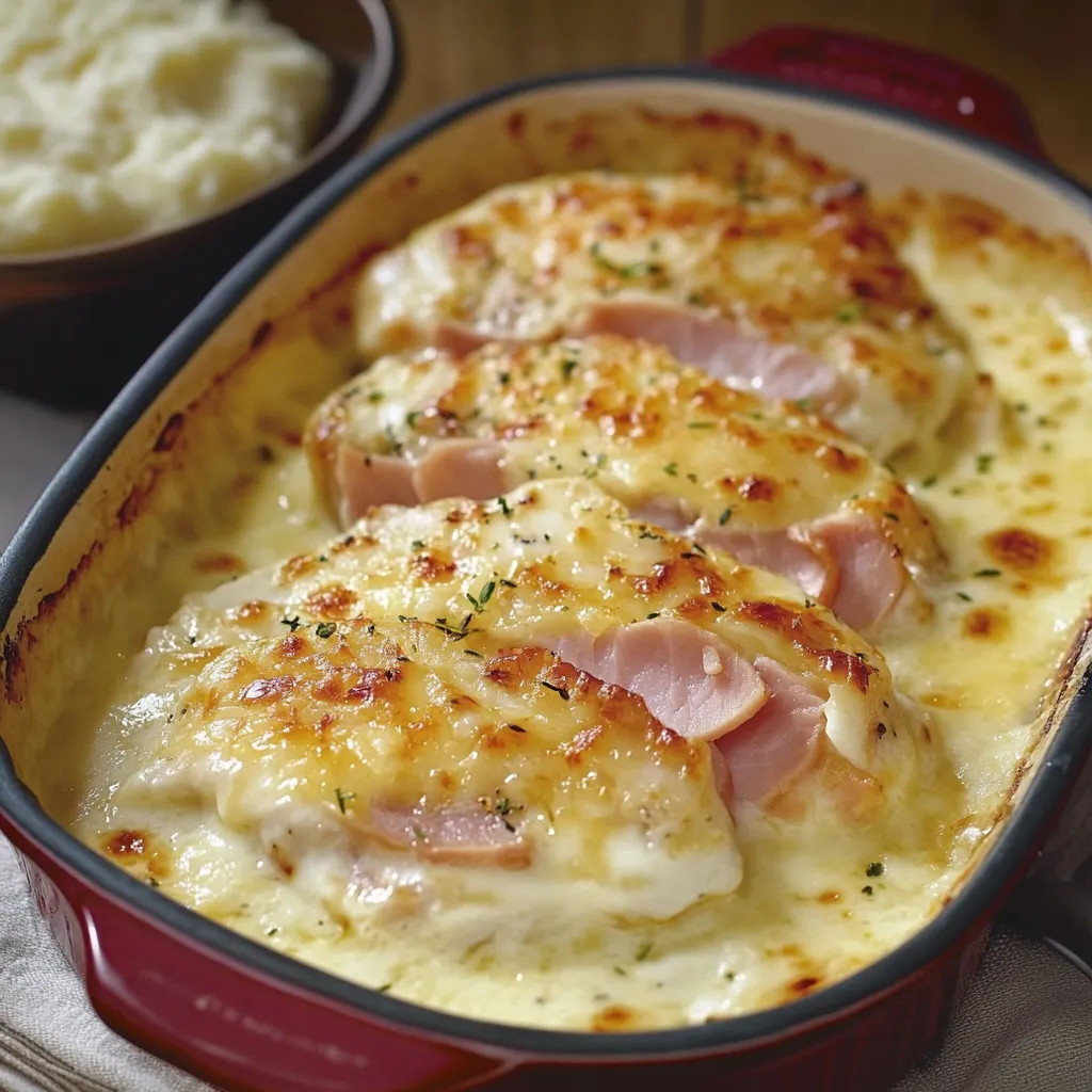 Escalope Savoyarde gratinée au reblochon avec sauce crémeuse et jambon, servie avec pommes de terre rôties.