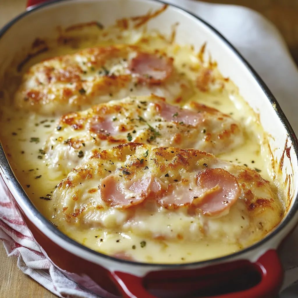Escalope Savoyarde gratinée au reblochon avec sauce crémeuse et jambon, servie avec pommes de terre rôties.