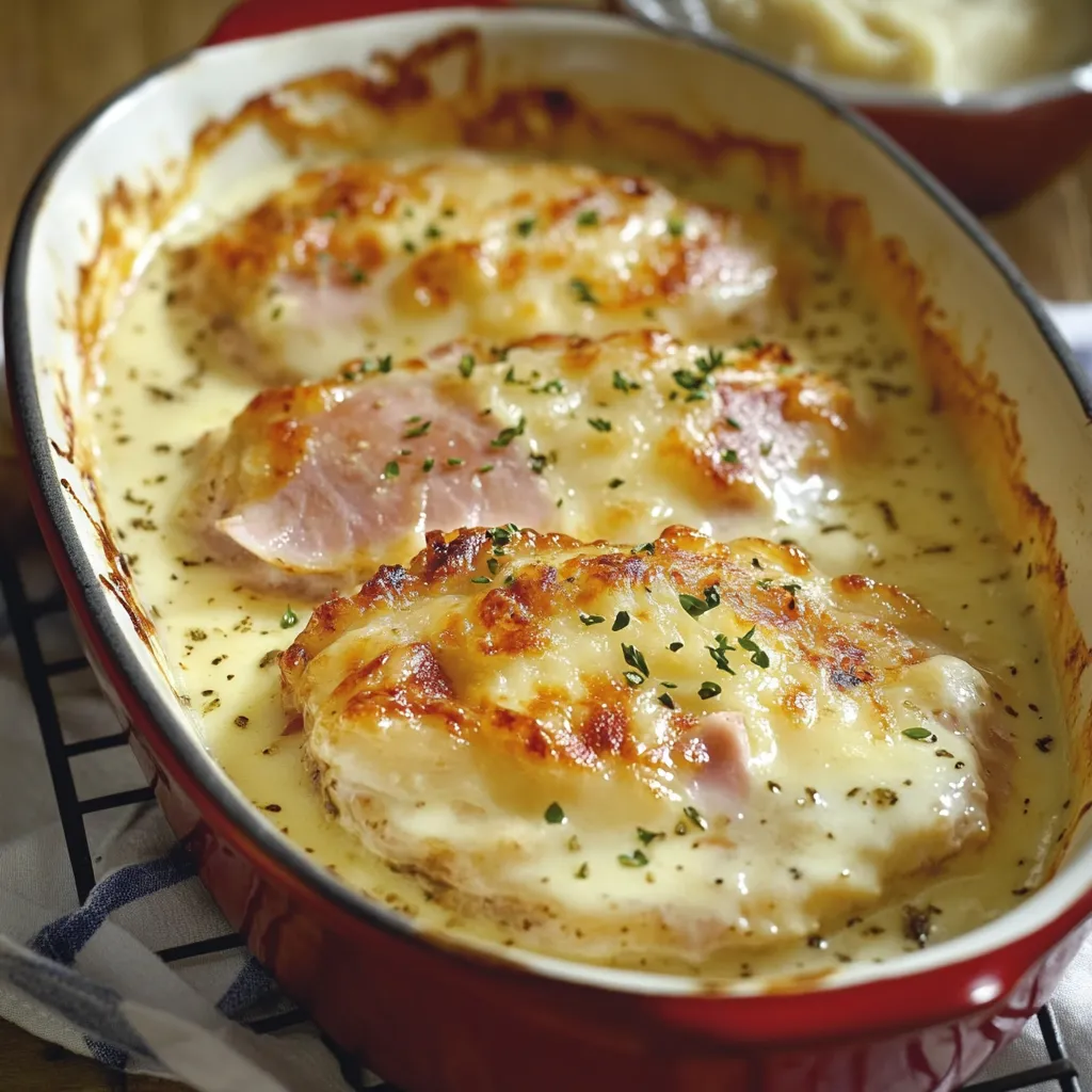 Escalope Savoyarde gratinée au reblochon avec sauce crémeuse et jambon, servie avec pommes de terre rôties.