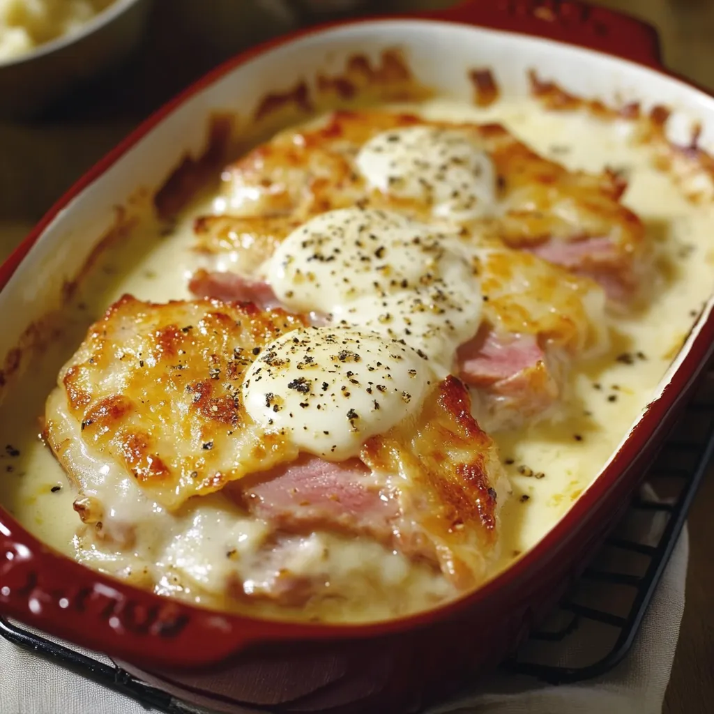 Escalope Savoyarde gratinée au reblochon avec sauce crémeuse et jambon, servie avec pommes de terre rôties.