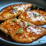 Escalopes de poulet dorées et caramélisées dans une sauce au miel, ail et sauce soja, servies avec des graines de sésame et oignons verts.