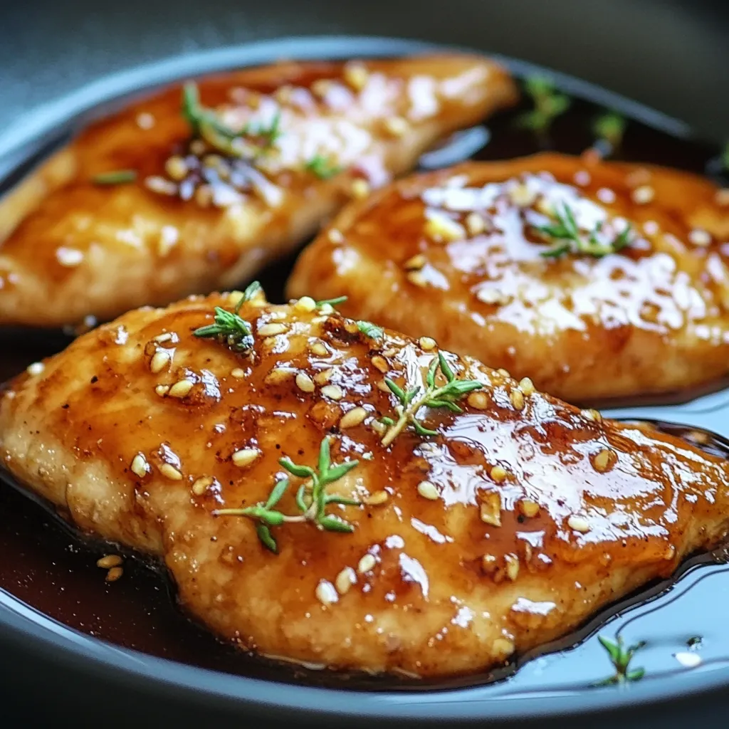 Escalopes de poulet dorées et caramélisées dans une sauce au miel, ail et sauce soja, servies avec des graines de sésame et oignons verts.