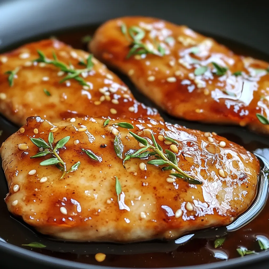 Escalopes de poulet dorées et caramélisées dans une sauce au miel, ail et sauce soja, servies avec des graines de sésame et oignons verts.