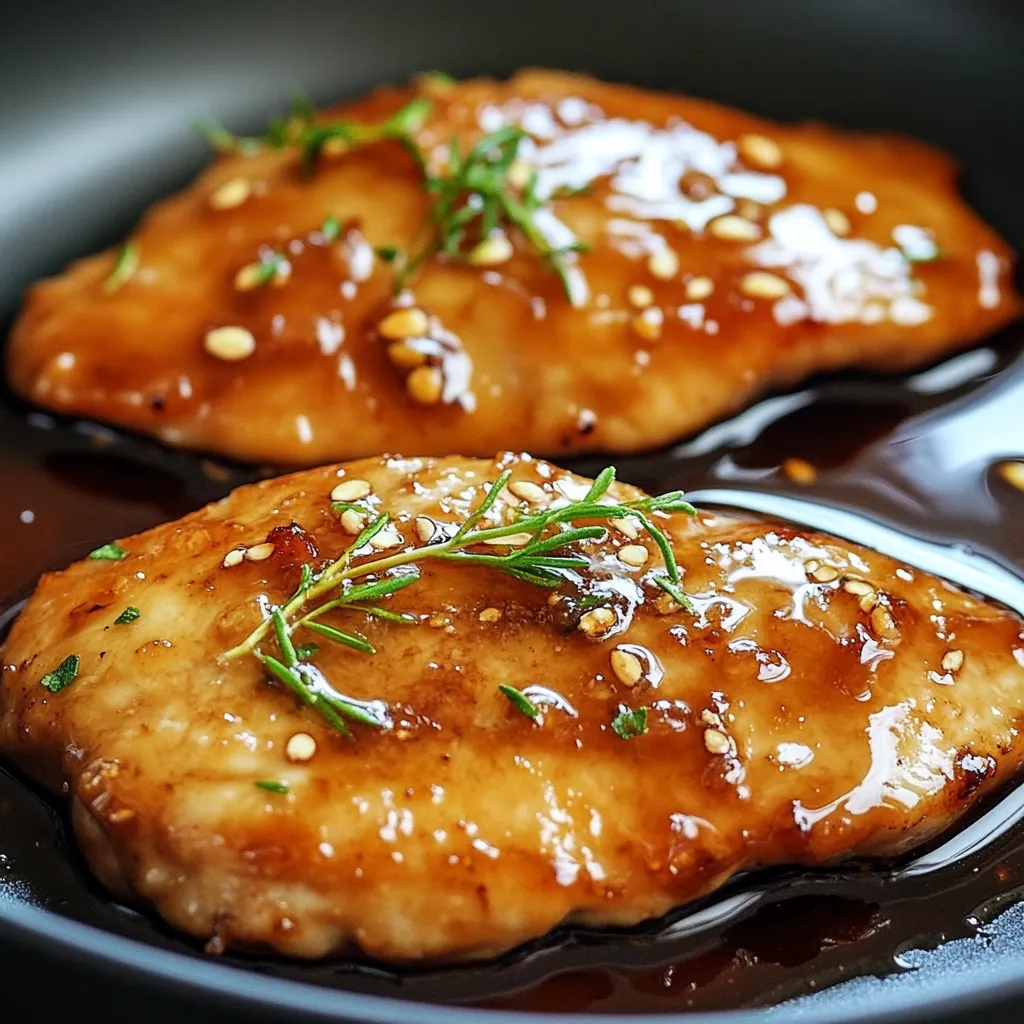 Escalopes de poulet dorées et caramélisées dans une sauce au miel, ail et sauce soja, servies avec des graines de sésame et oignons verts.