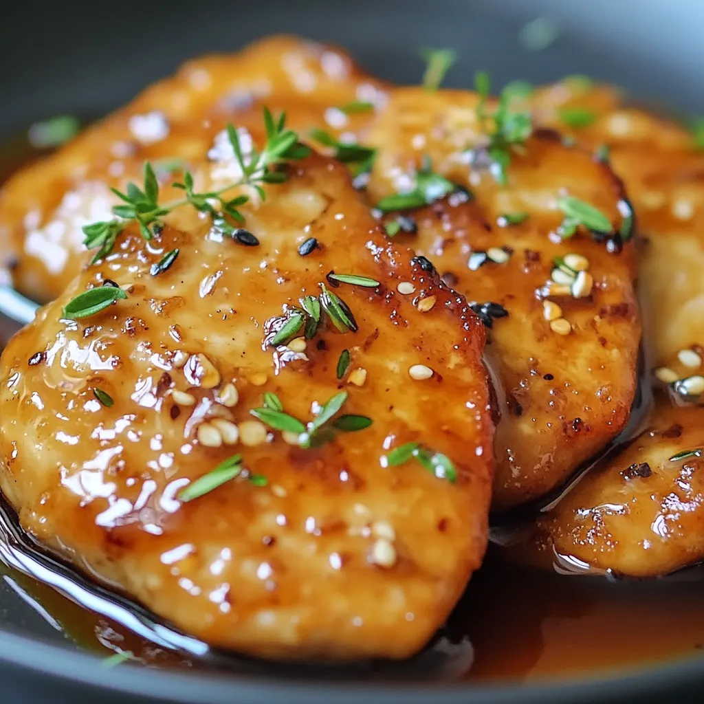 Escalopes de poulet dorées et caramélisées dans une sauce au miel, ail et sauce soja, servies avec des graines de sésame et oignons verts.