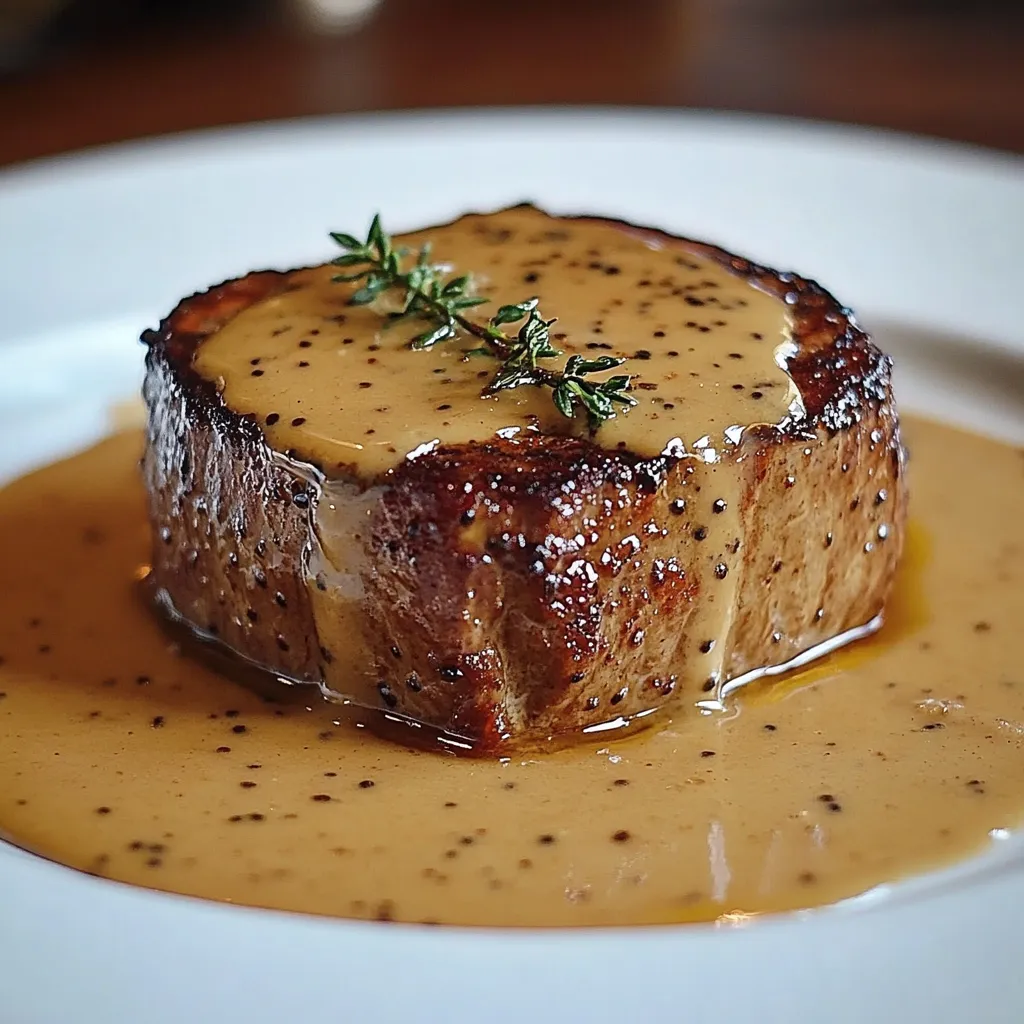 Filet mignon doré accompagné d’une sauce onctueuse au miel et à la moutarde, servi avec des pommes de terre rôties.