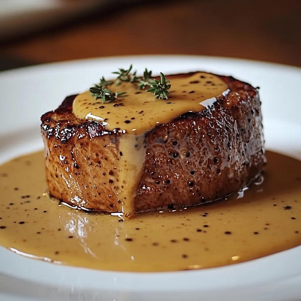 Filet mignon doré accompagné d’une sauce onctueuse au miel et à la moutarde, servi avec des pommes de terre rôties.