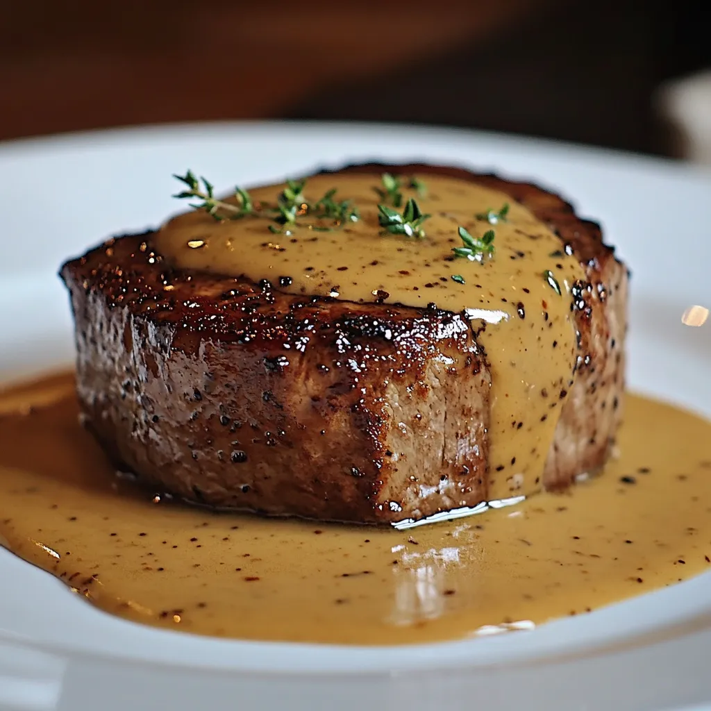Filet mignon doré accompagné d’une sauce onctueuse au miel et à la moutarde, servi avec des pommes de terre rôties.