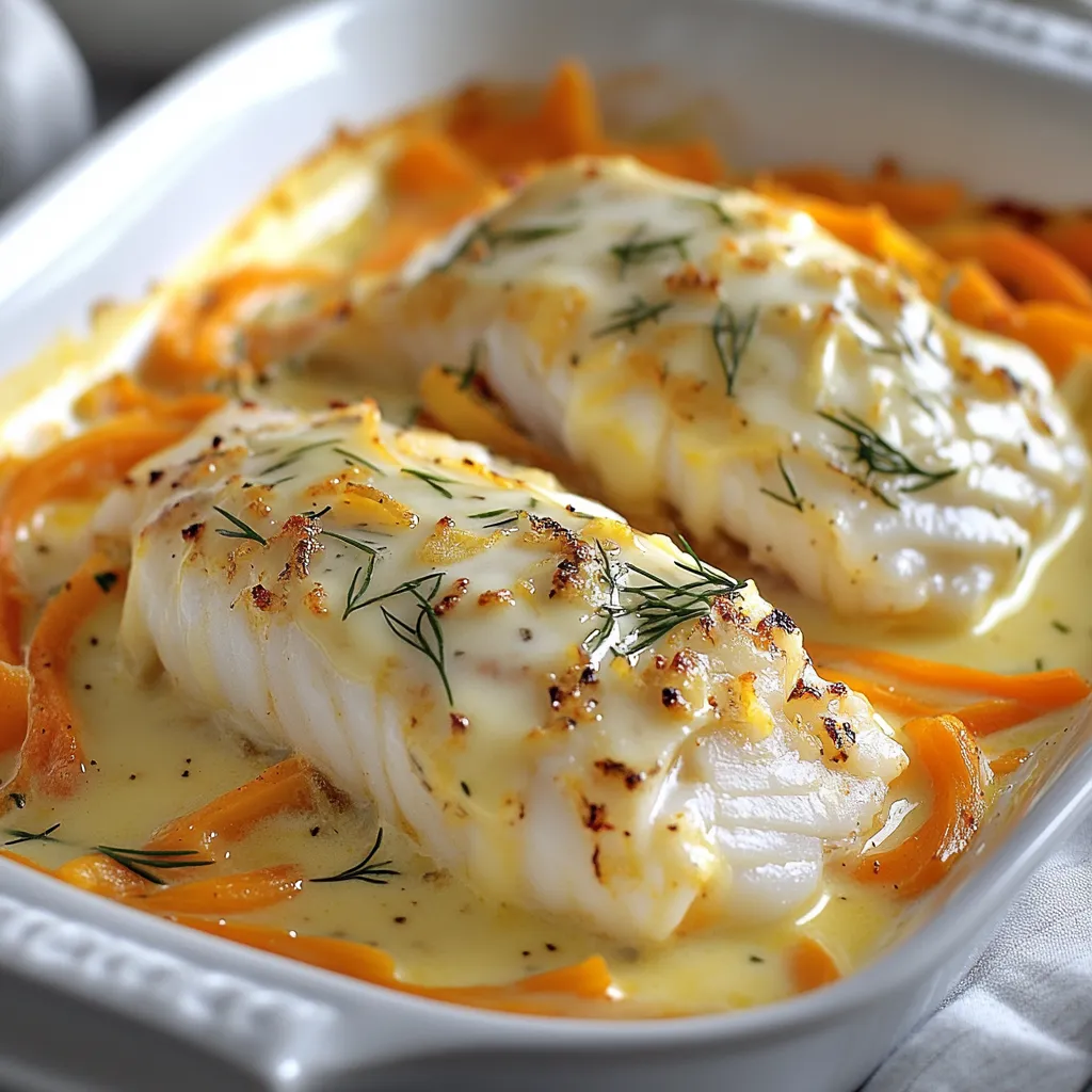 Filets de cabillaud au four nappés de crème fraîche et accompagnés de légumes colorés, cuits dans un plat en céramique.