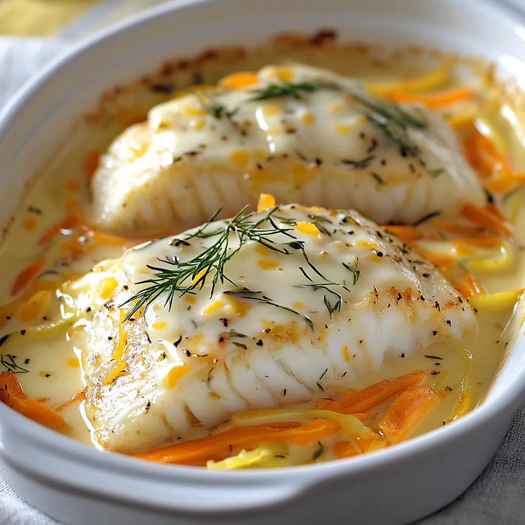 Filets de cabillaud au four nappés de crème fraîche et accompagnés de légumes colorés, cuits dans un plat en céramique.