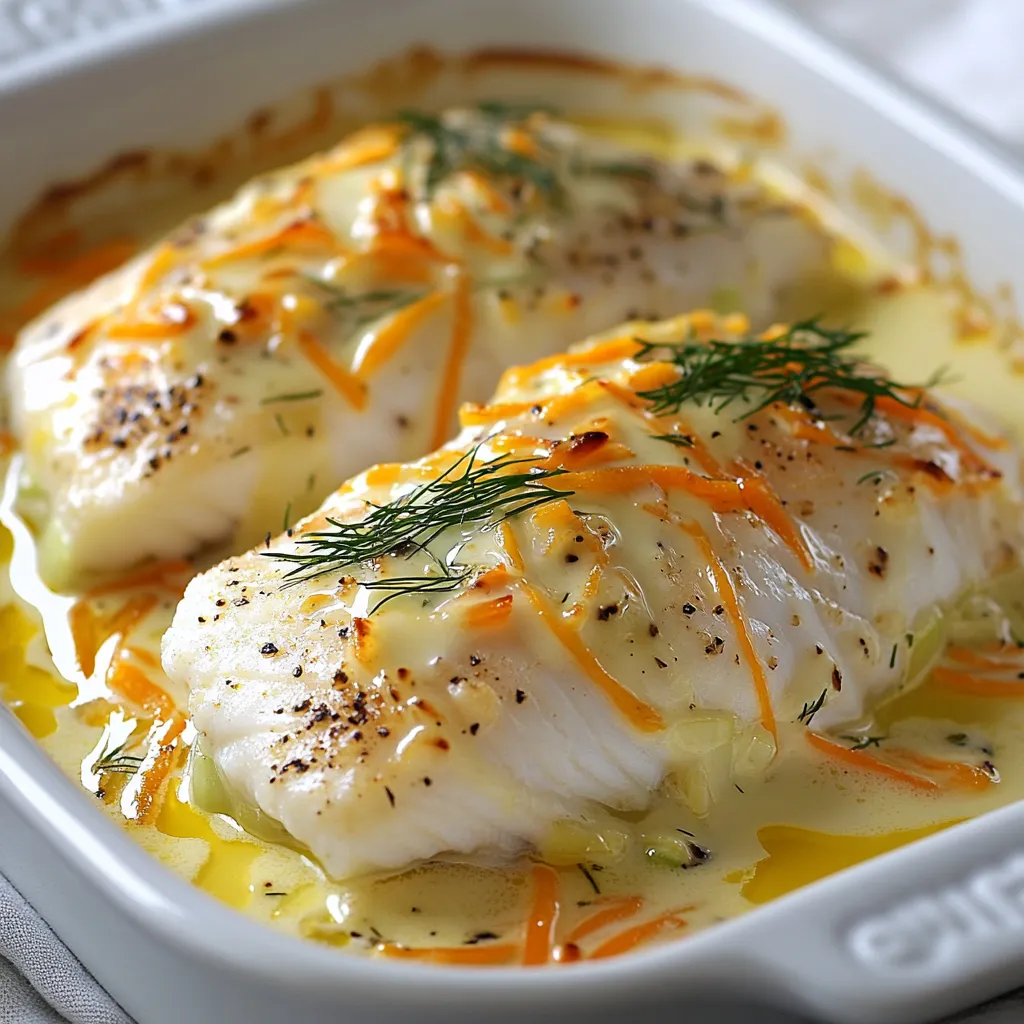 Filets de cabillaud au four nappés de crème fraîche et accompagnés de légumes colorés, cuits dans un plat en céramique.