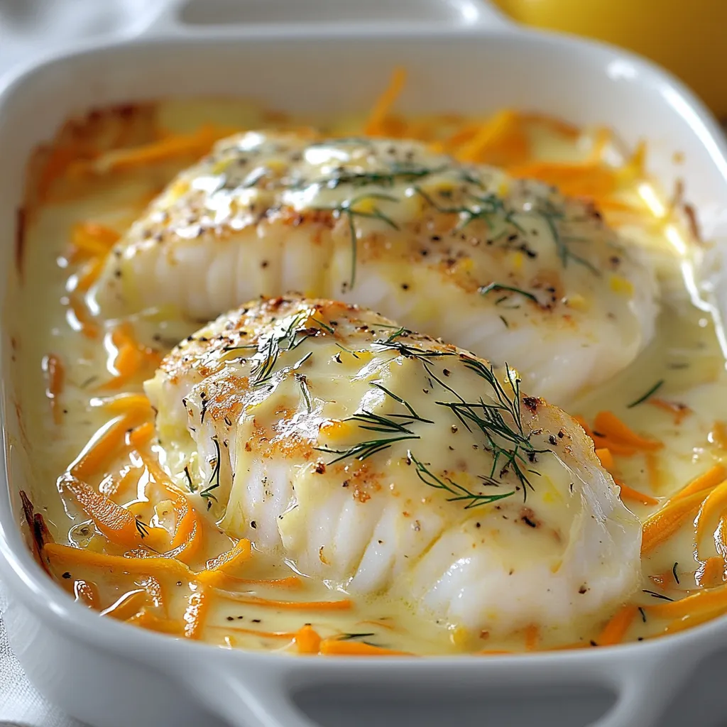 Filets de cabillaud au four nappés de crème fraîche et accompagnés de légumes colorés, cuits dans un plat en céramique.