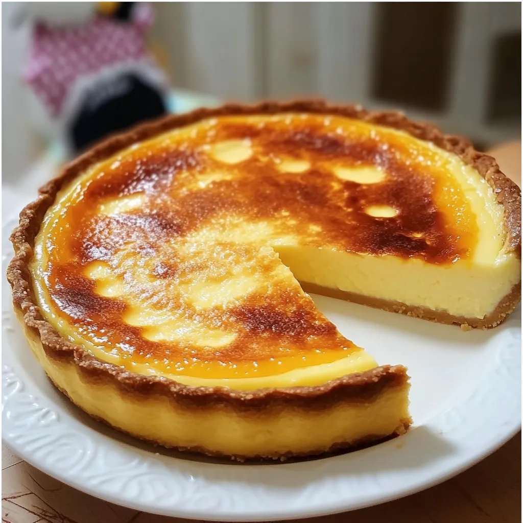 Flan parisien doré avec une texture crémeuse, servi sur une assiette.